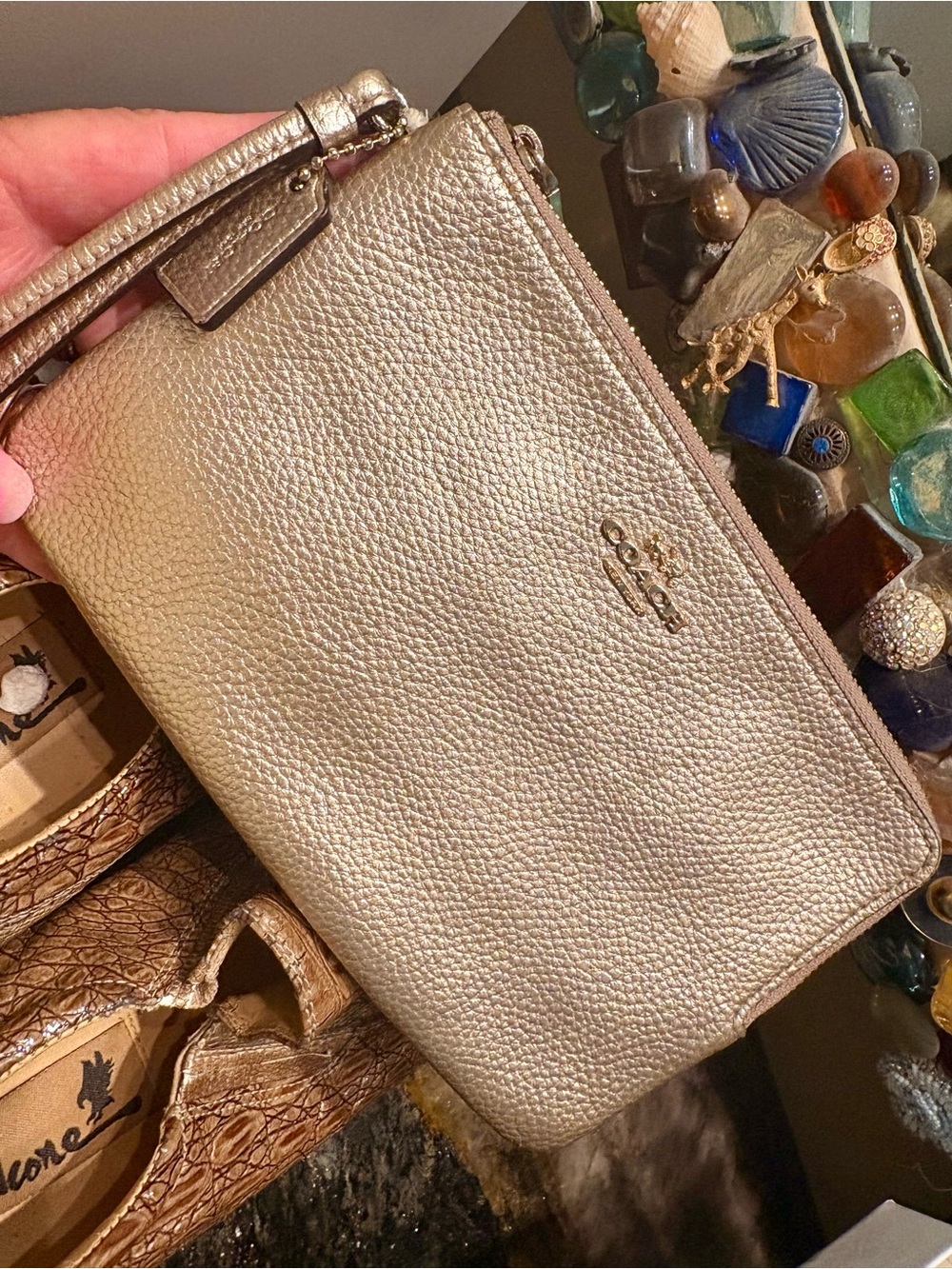 Coach Metallic Gold Pebbled Leather Wristlet Double Zip